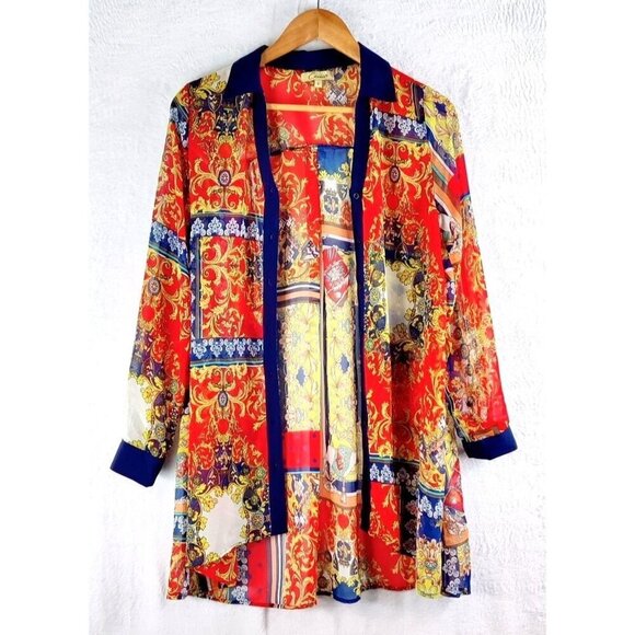 Kimona Blouse Jacket by Cecico Front Button Boho Light Weight Batik Longer Back - Picture 2 of 12